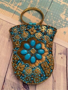 Turquoise and Gold Embellished Women's Handbag